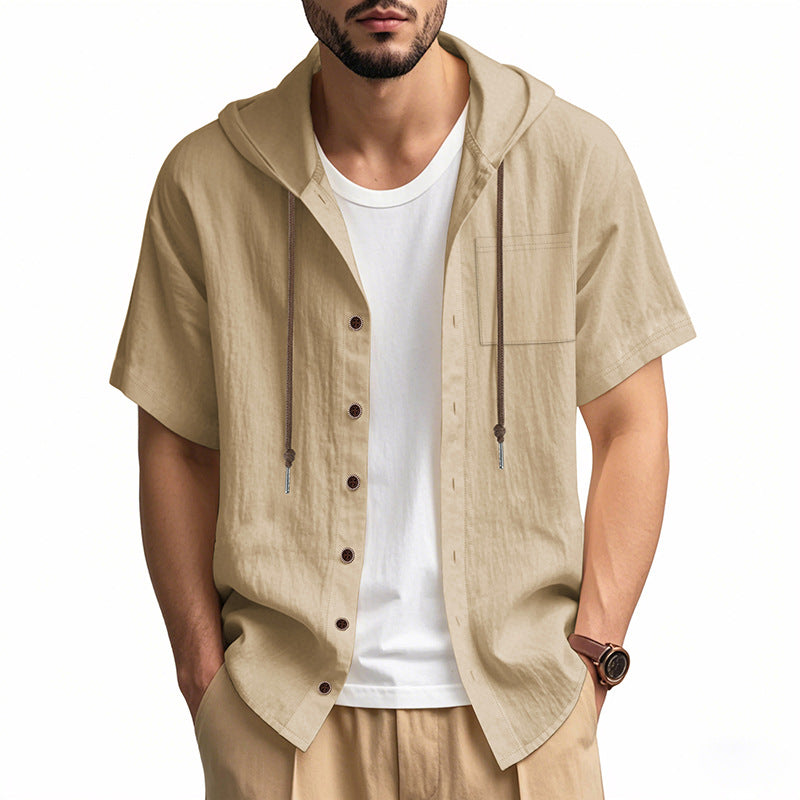 Men's Hooded Shirt – Linen Blend – Relaxed Fit – Short Sleeve – Button Closure Casual