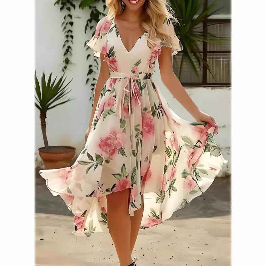 Ladies Dress – Relaxed Fit – Floral Print – Ruffle Sleeves – High-Low Hem – V-Neck