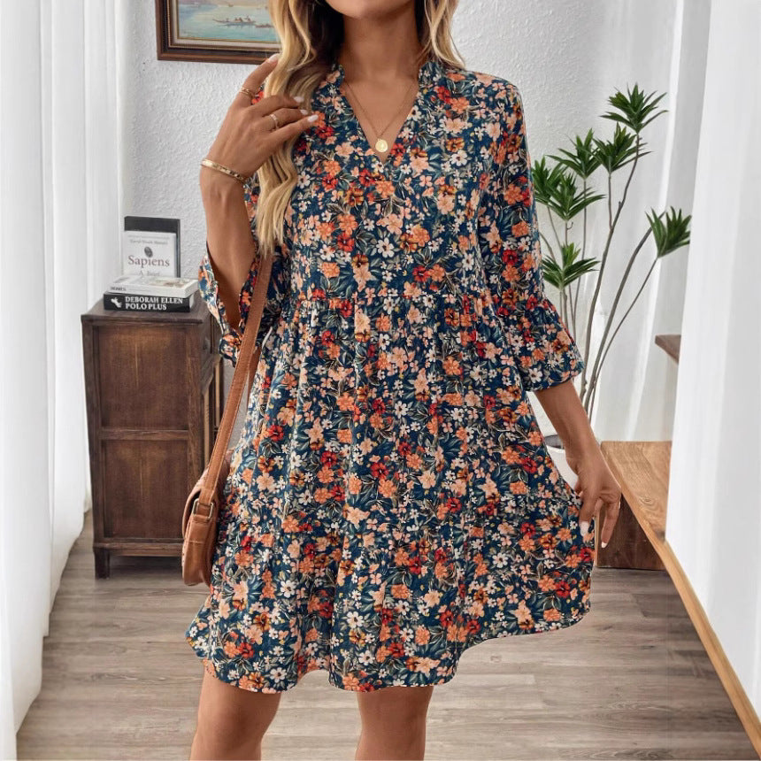 Women's Dress – A-line Fit – V-neck – 3/4 Sleeve – Floral Print – Natural Textile