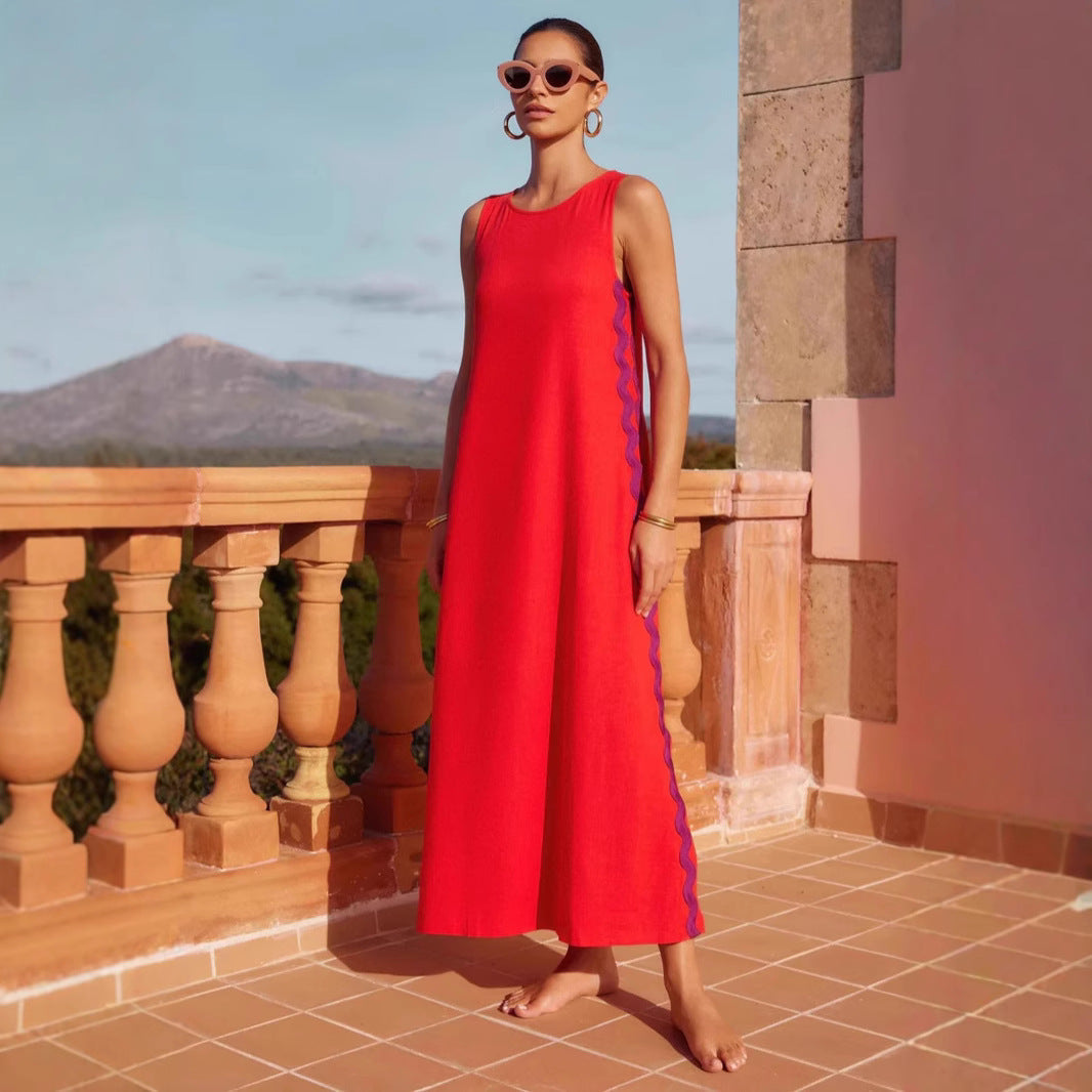 Women's Dress – Sleeveless – Relaxed Fit – Cotton – Midi Length – Round Neck – Casual