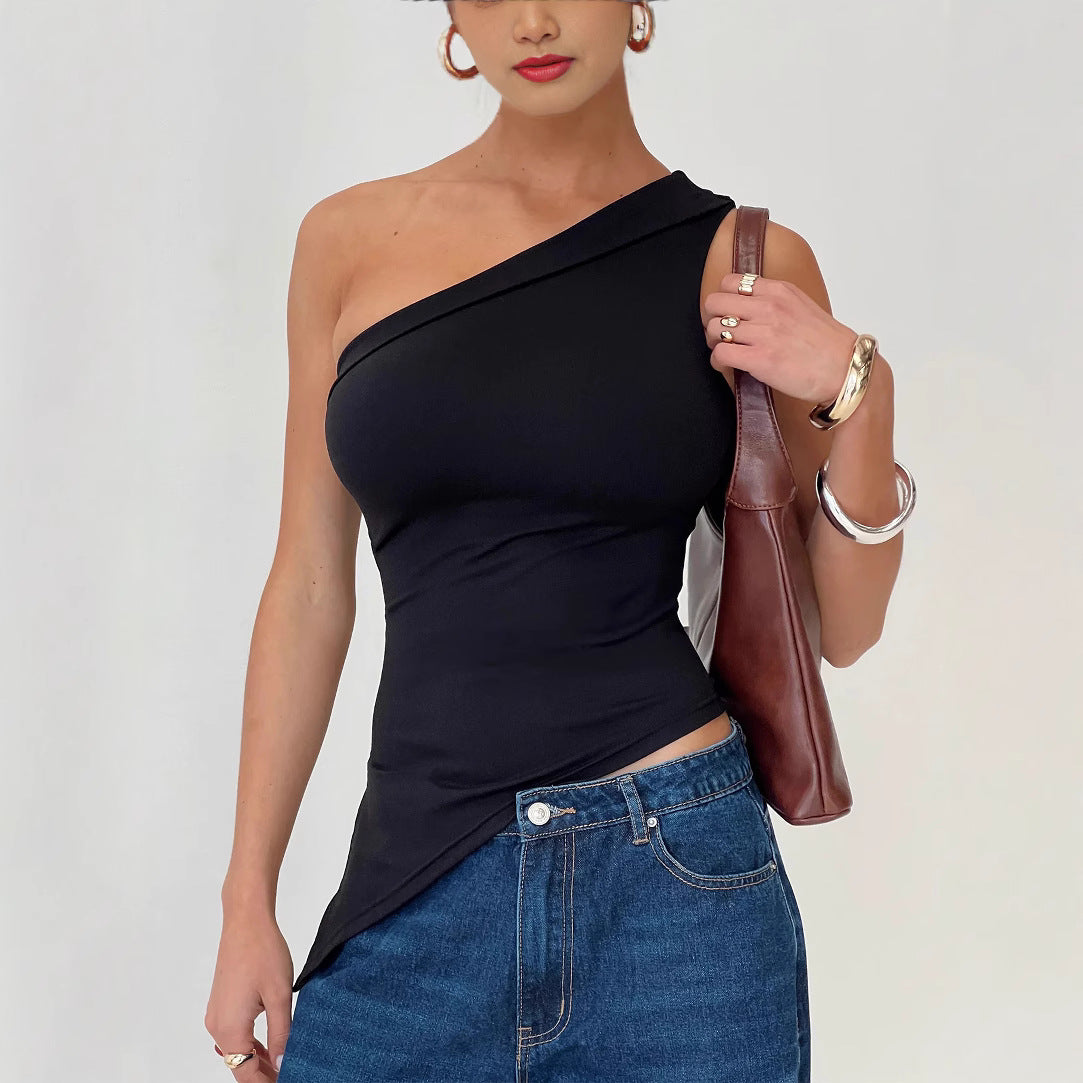 Women's One-Shoulder Top – Slim Fit – Asymmetrical Hem – Breathable Stretch Material