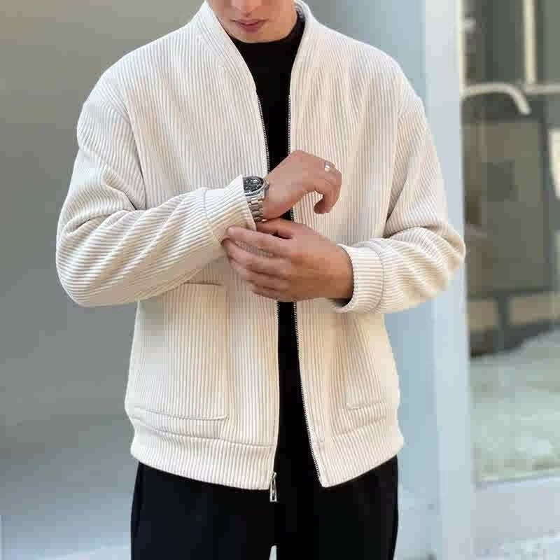 Men's Jacket – Relaxed Fit – Ribbed Texture – V-Neck Zipper Closure – Casual Style