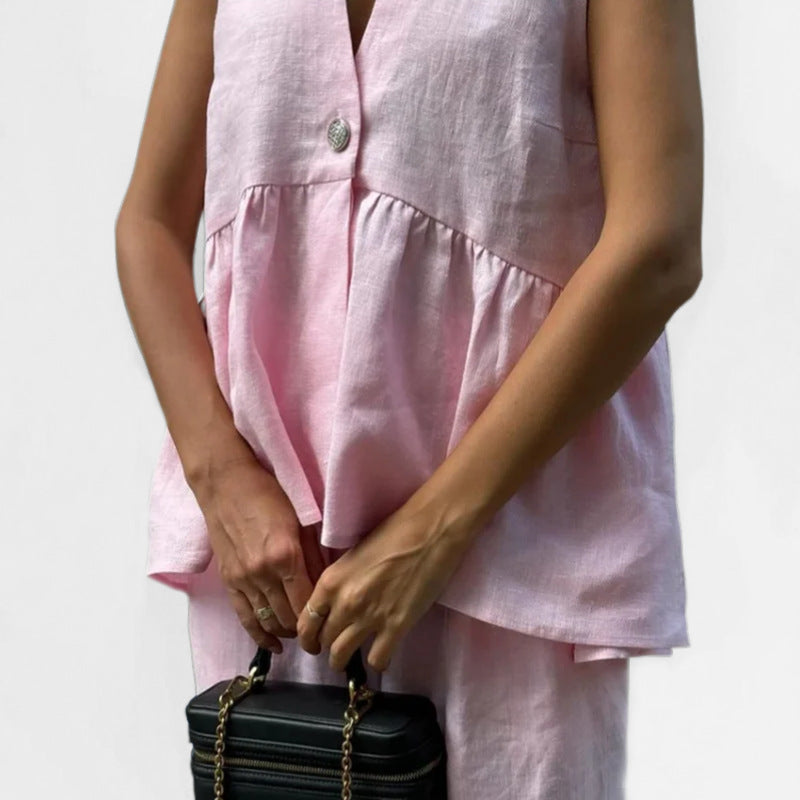 Women's Suit Set – Linen Look – V-Neck Sleeveless Gilet – High Waist Wide Legs