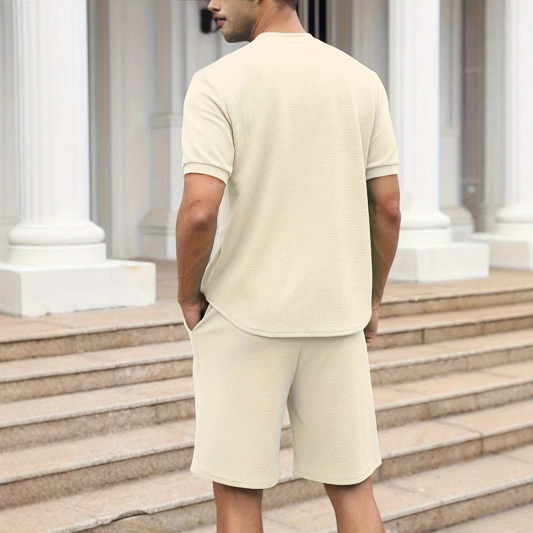 Men's Two-Piece Set – Relaxed Fit – Waffle Texture – Breathable – Short Sleeves & Shorts