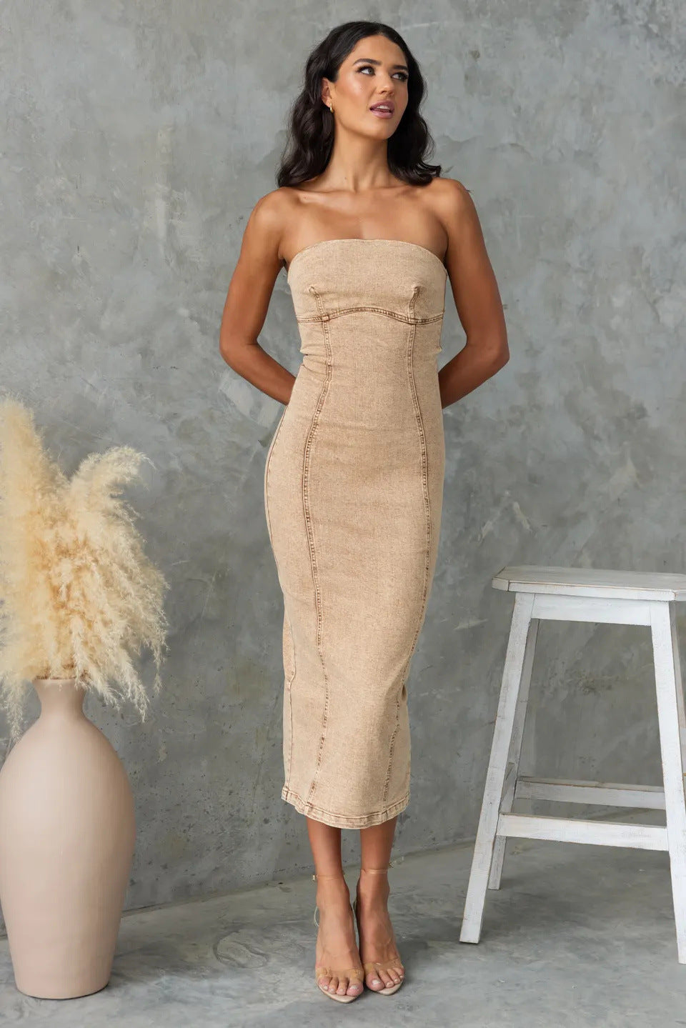 Women's Denim Dress – Strapless – Slim Fit – Midi – Structured Panel Design