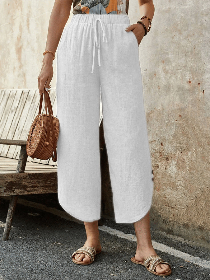 Women's Culotte Pants – High Waist – Wide Legs – Breathable Fabric – Drawstring Waistband