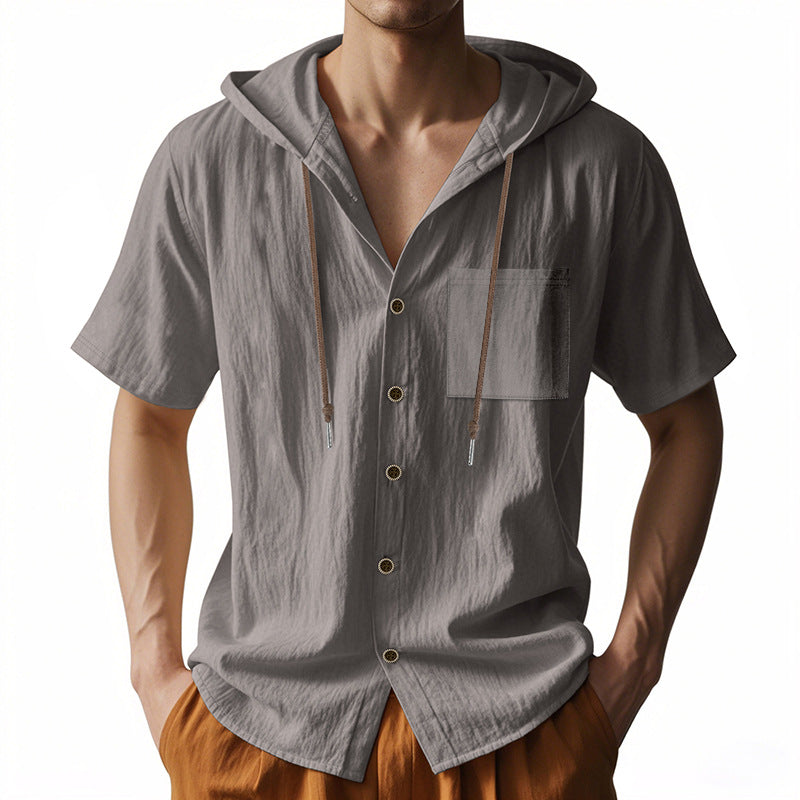 Men's Hooded Shirt – Linen Blend – Relaxed Fit – Short Sleeve – Button Closure Casual