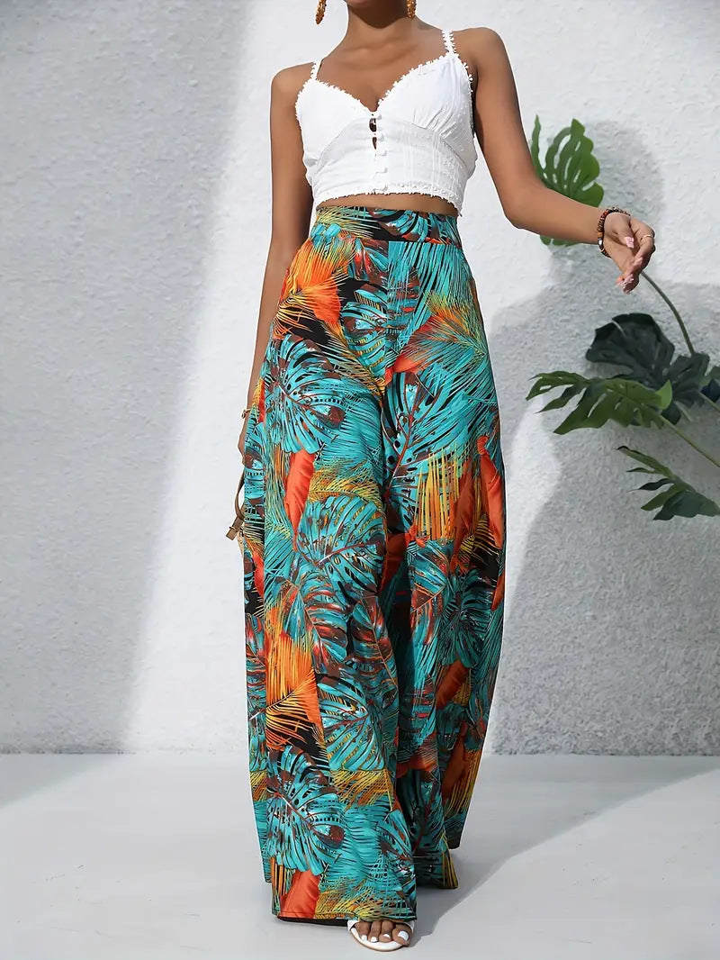 Women's Wide-Leg Pants – High Waist – Lightweight – Floral Print with Leaf Motif