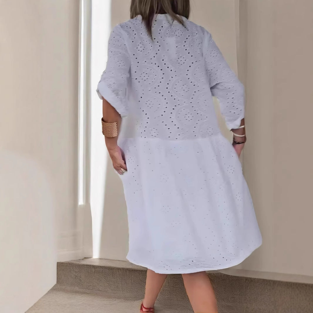 Women's midi dress – A-line fit – Cotton – Embroidered – V-neck with buttons