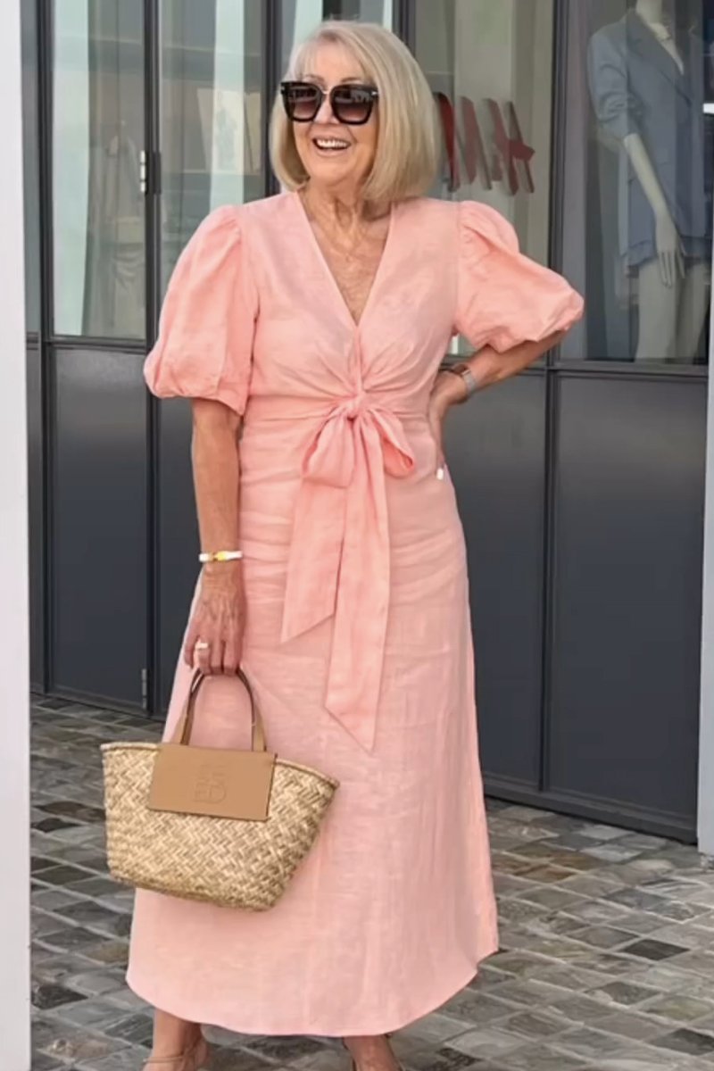 Women's midi dress – V-neck – Waist tie – Puff sleeve – Relaxed fit – Natural fibers