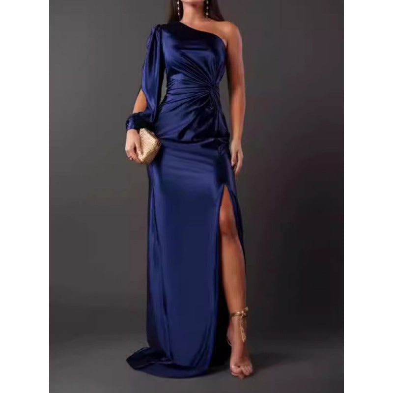 Women's Maxi Dress – Slim Fit – One Shoulder – Luxurious Satin Look – High Split