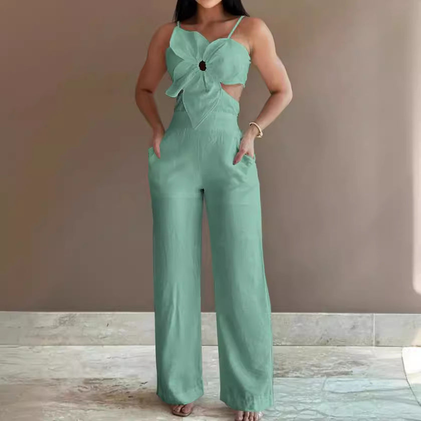 Women's Jumpsuit – Open Back – Wide Legs – Tie Front – Breathable Design