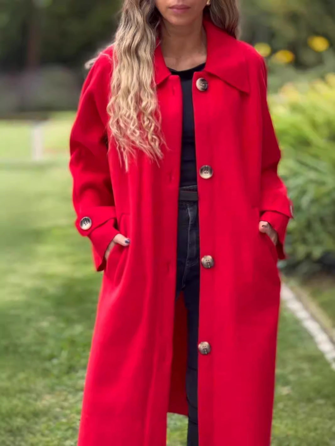 Women's Long Coat – Wool Mix – Relaxed Fit – Front Button Fastening – Large Lapels