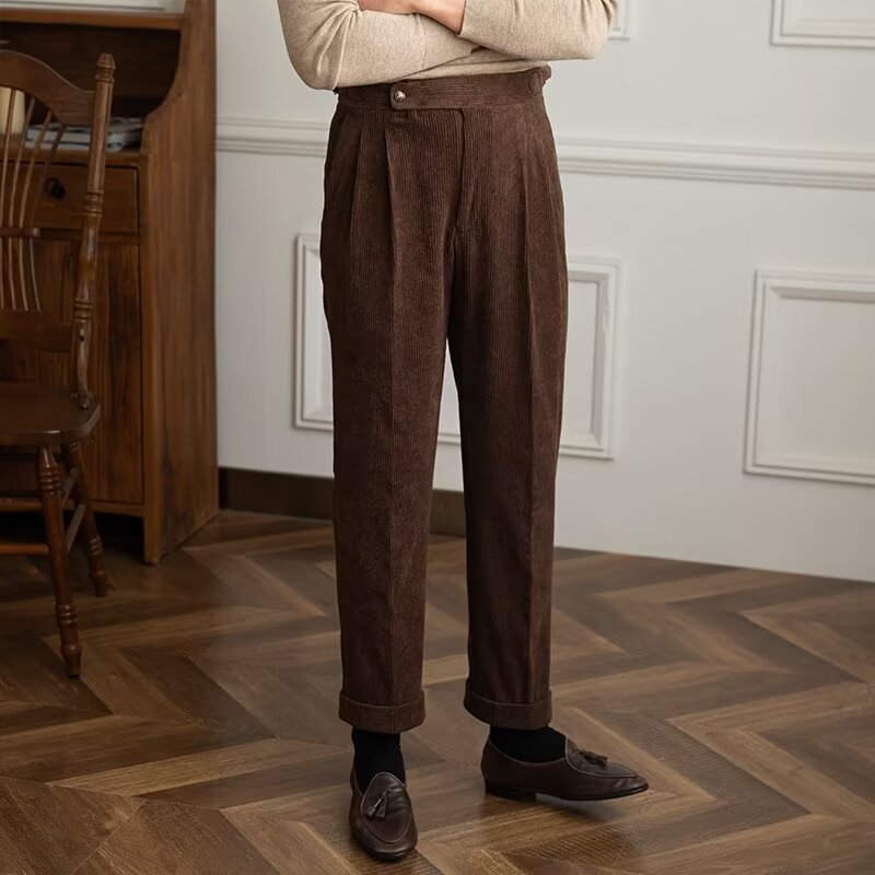 Men's Trousers – High Waist – Straight Fit – Pleated – Turned Up Hems – Full Length