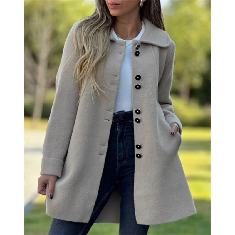 Ladies Coat – Wool – Fitted Model – Single-Breasted – Mid-Length – Wide Collar