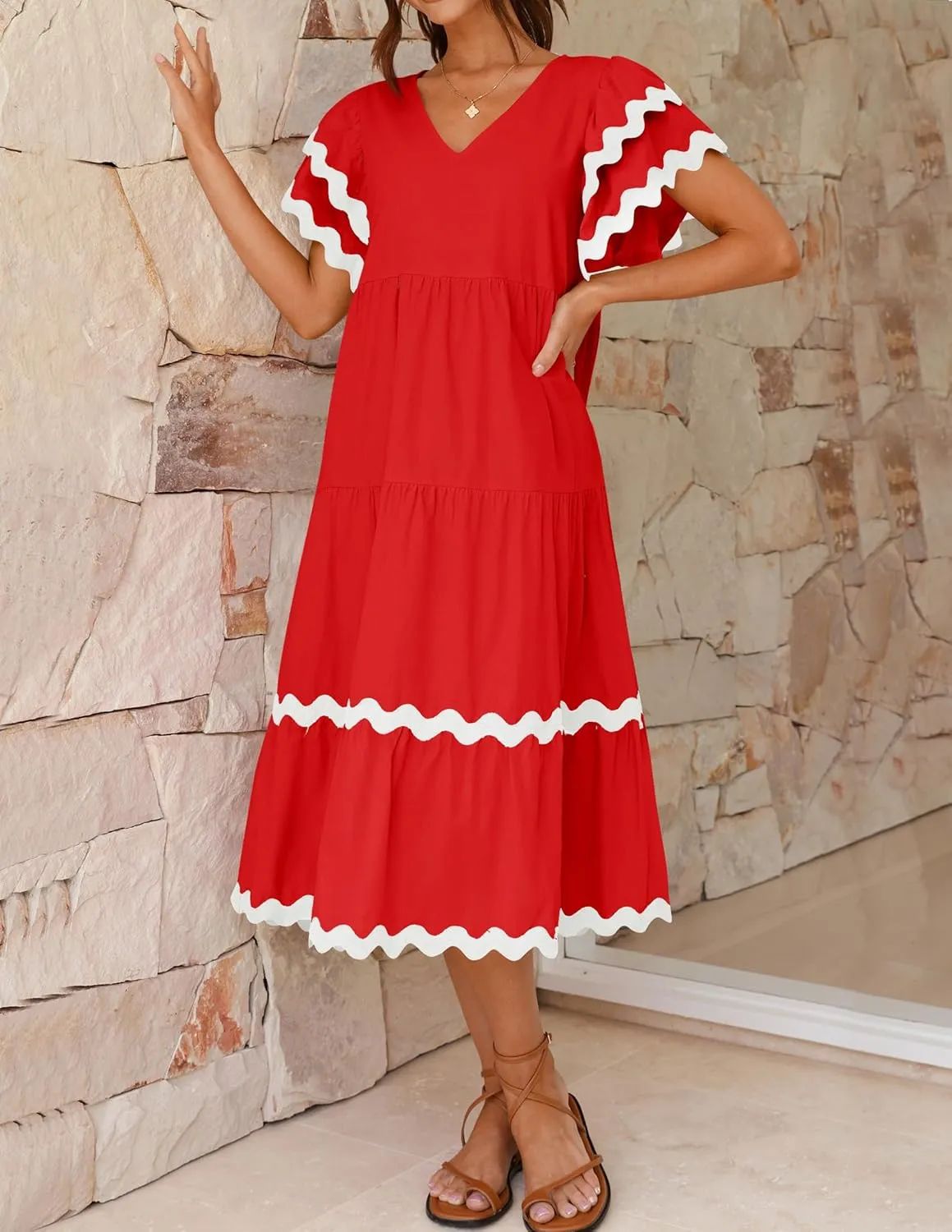 Women's Midi Dress – V-Neck – Loose-Fitting Style – Tiered Skirt – Airy Fabric