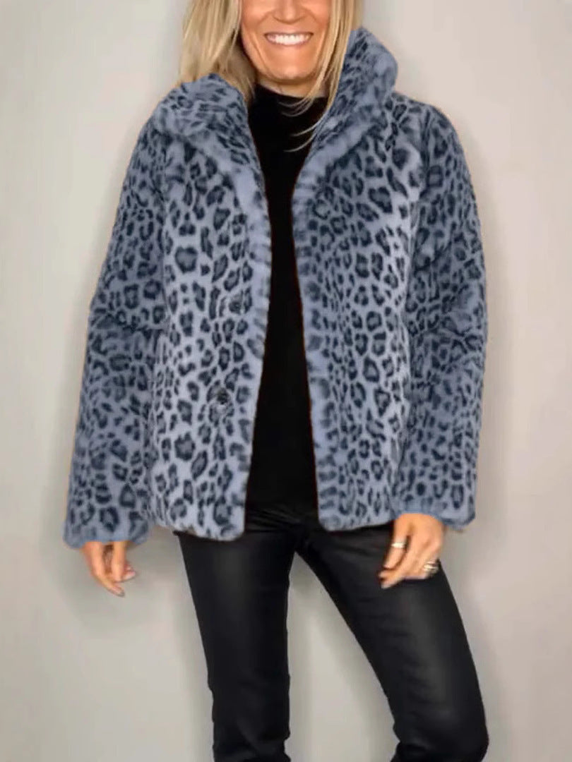 Ladies Coat – Faux Fur – Oversized Fit – Notched Collar – Leopard Print