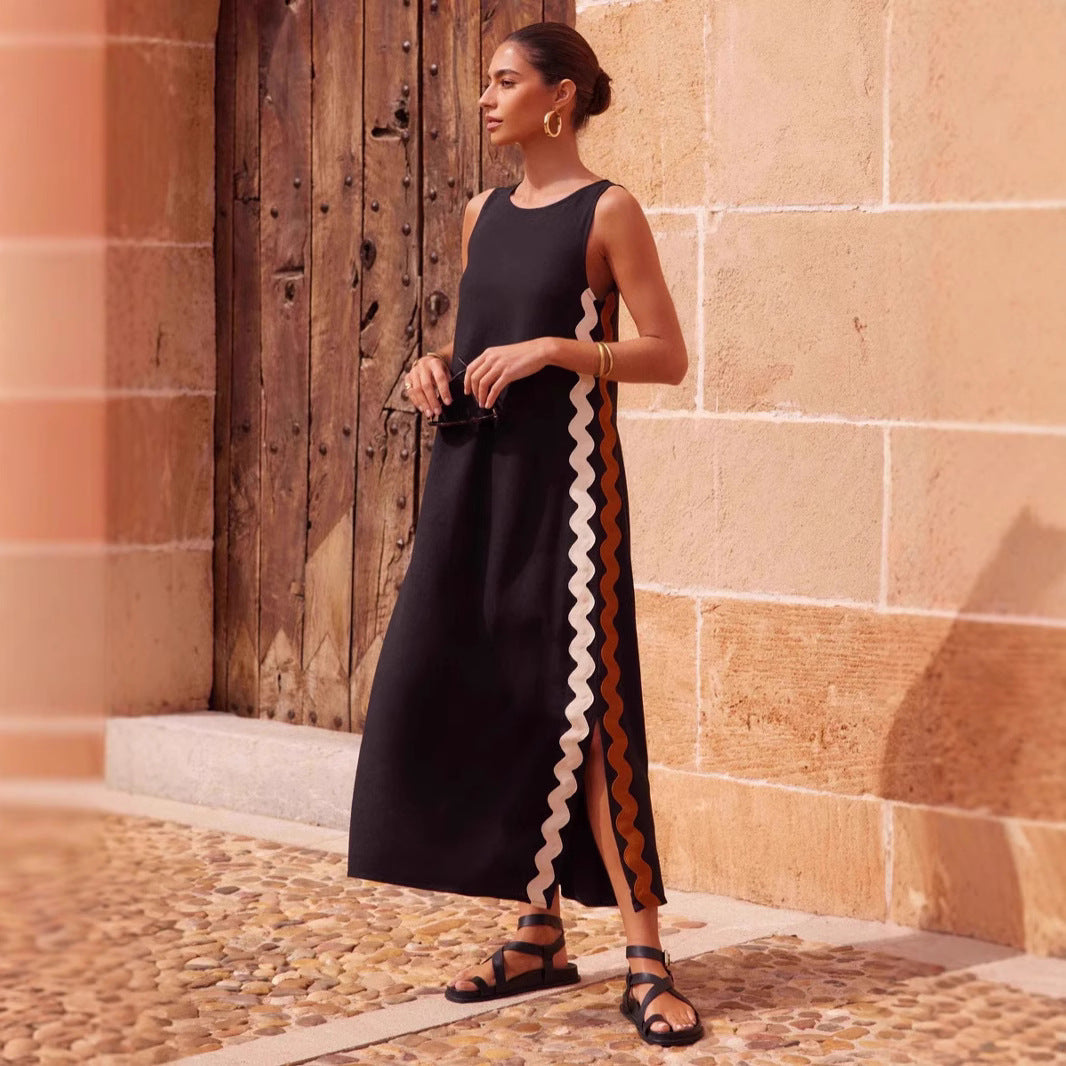 Women's Dress – Sleeveless – Relaxed Fit – Cotton – Midi Length – Round Neck – Casual