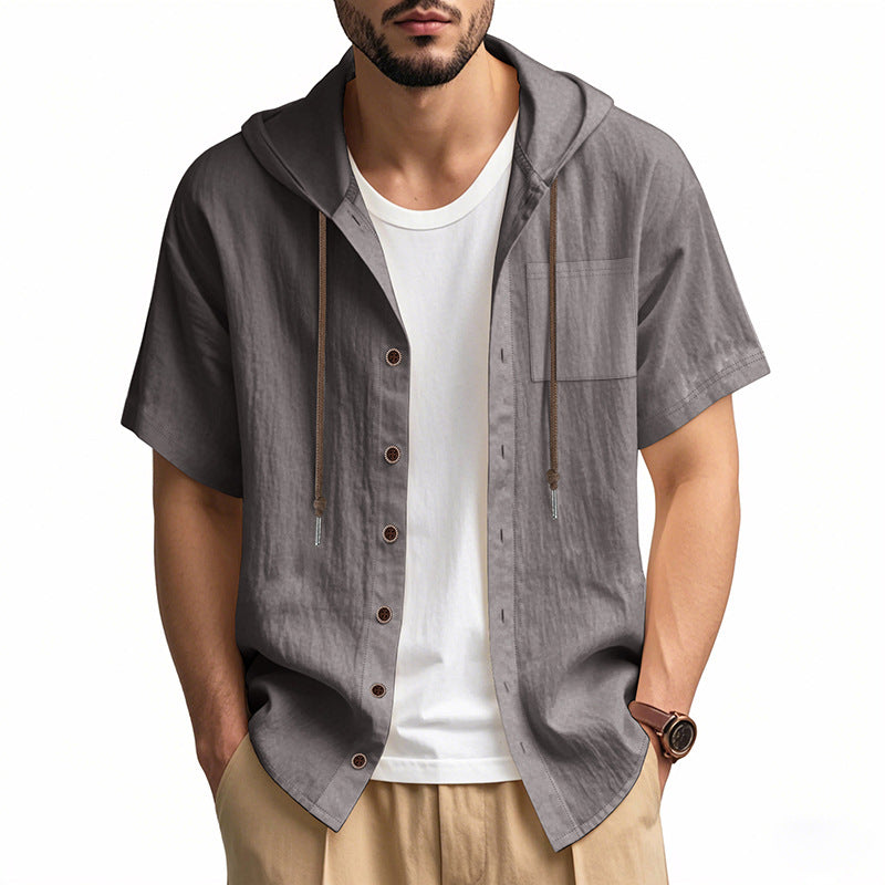 Men's Hooded Shirt – Linen Blend – Relaxed Fit – Short Sleeve – Button Closure Casual