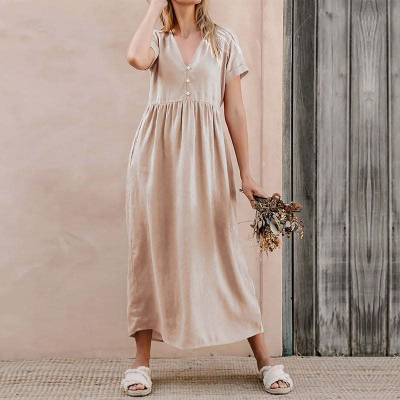 Women's Midi Dress – Loose Fit – Linen Cotton – V-Neck – Button Detail – Short Sleeve