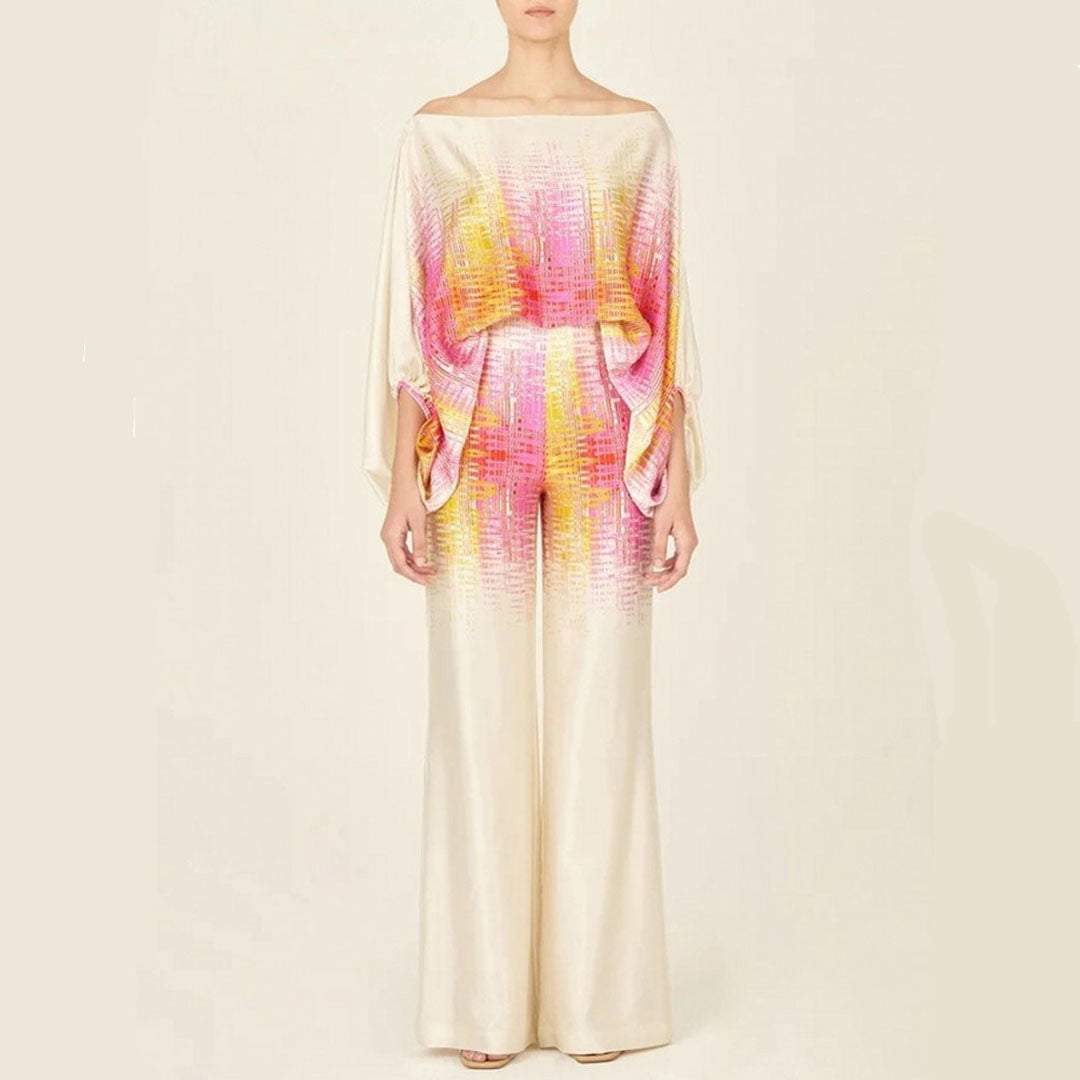 Ladies Two-Piece Set – Satin-look – Off-Shoulder Top – High Waist – Wide Legs