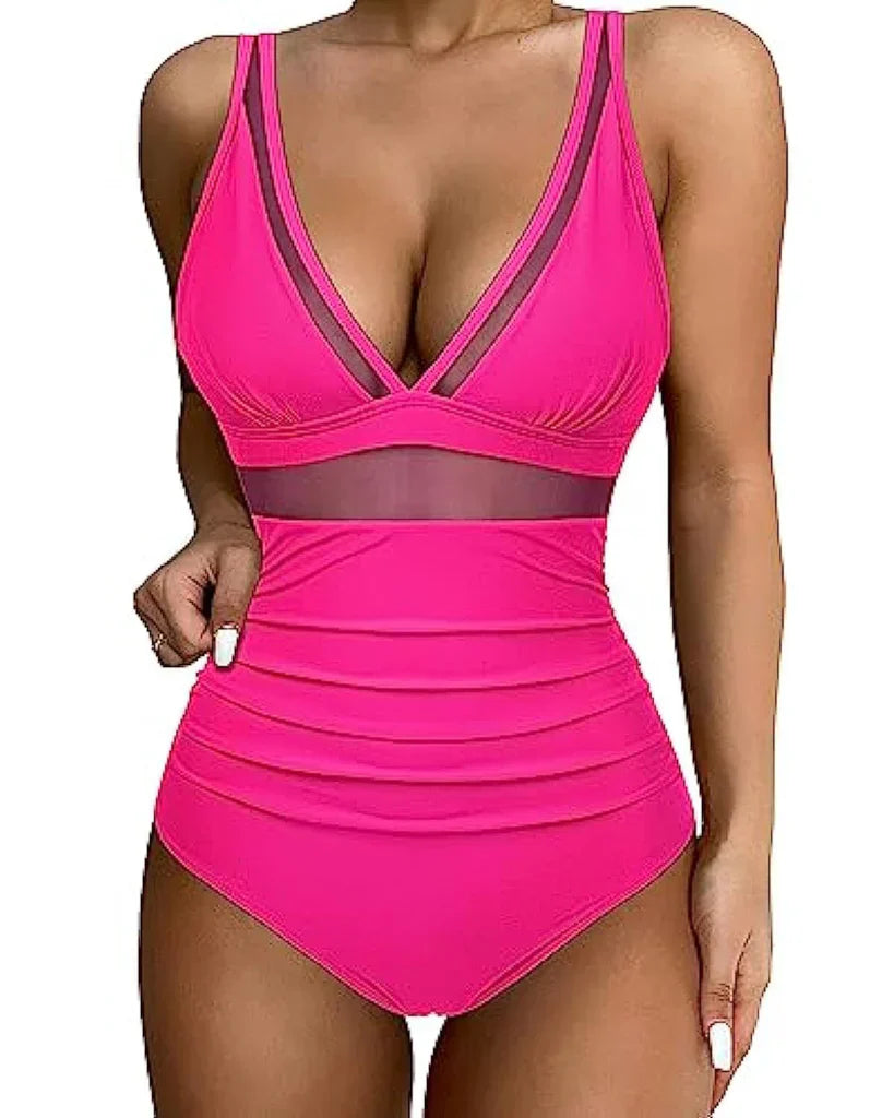 Ladies Swimsuit - Shaping Effect - Mesh Insert - High Waist Model - Deep Neckline