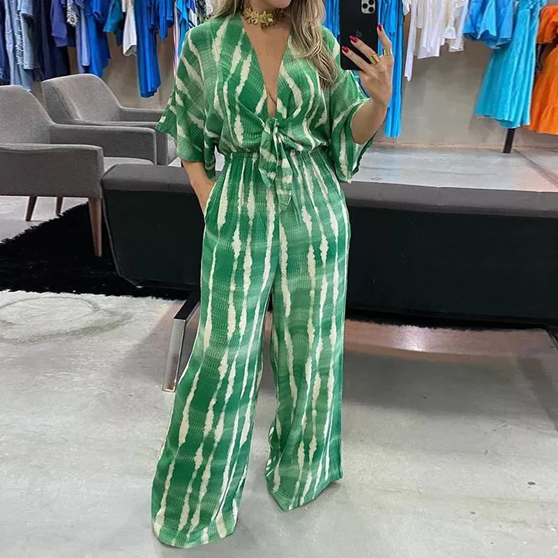 Dames Jumpsuit – V-hals – Wijde Pijpen – Taille Ceintuur – Comfortabele Pasvorm