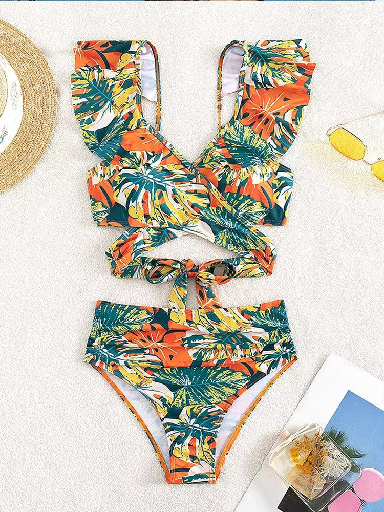 Dames Bikini Set - V-Hals Top met Ruches - Kapmouwtjes - Hoog Taillebroekje
