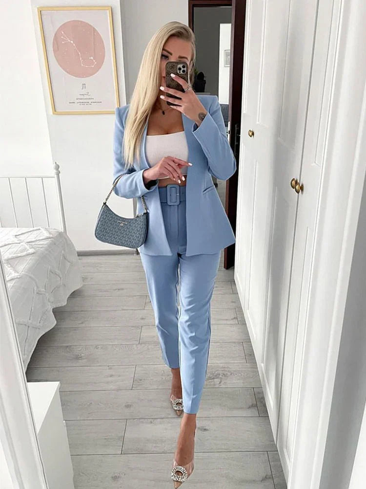 Dames Pakset – Getailleerde Blazer met Enkelvoudige Sluiting – Hoge Taille Pantalon