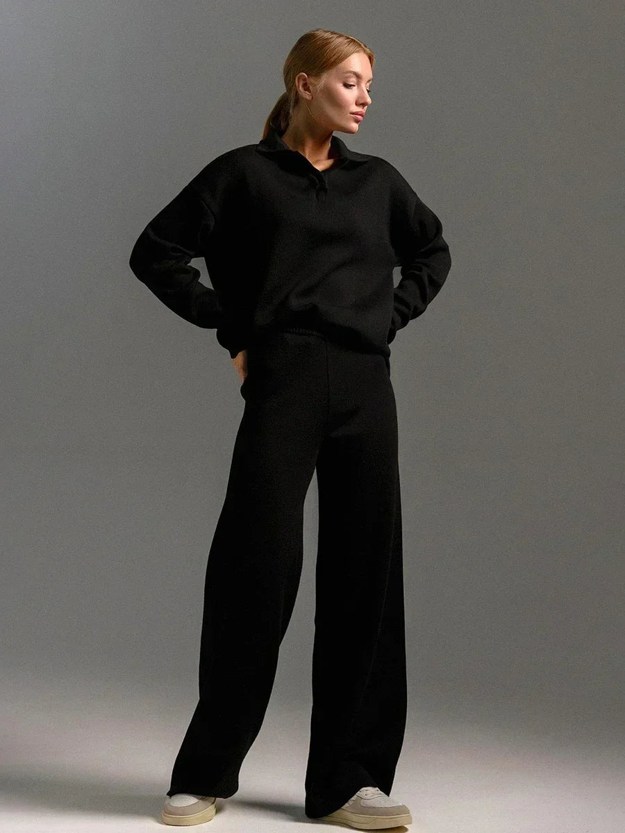 Dames Gebreid 2-delig Set - Polo Nek Sweater en Wijde Broek voor Winter