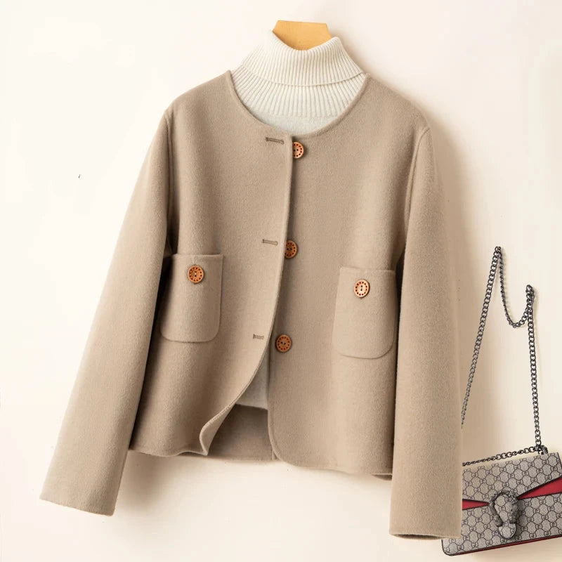 Women's Cropped Jacket – Woolmix – Relaxed Structure – Collarless Round Neck – Large Pockets