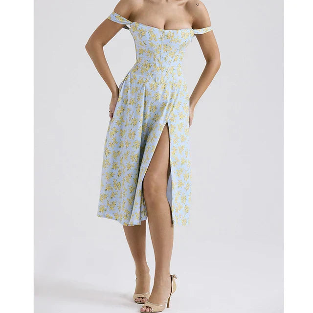 Ladies Midi Dress – Corset Style – Floral Print – Breathable – Split – Wide Straps