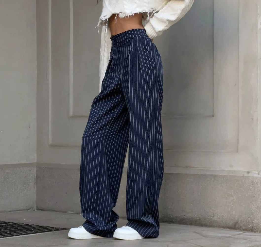 Ladies Trousers - High Waist - Wide Legs - Pinstripe - With Pleat - Full Length