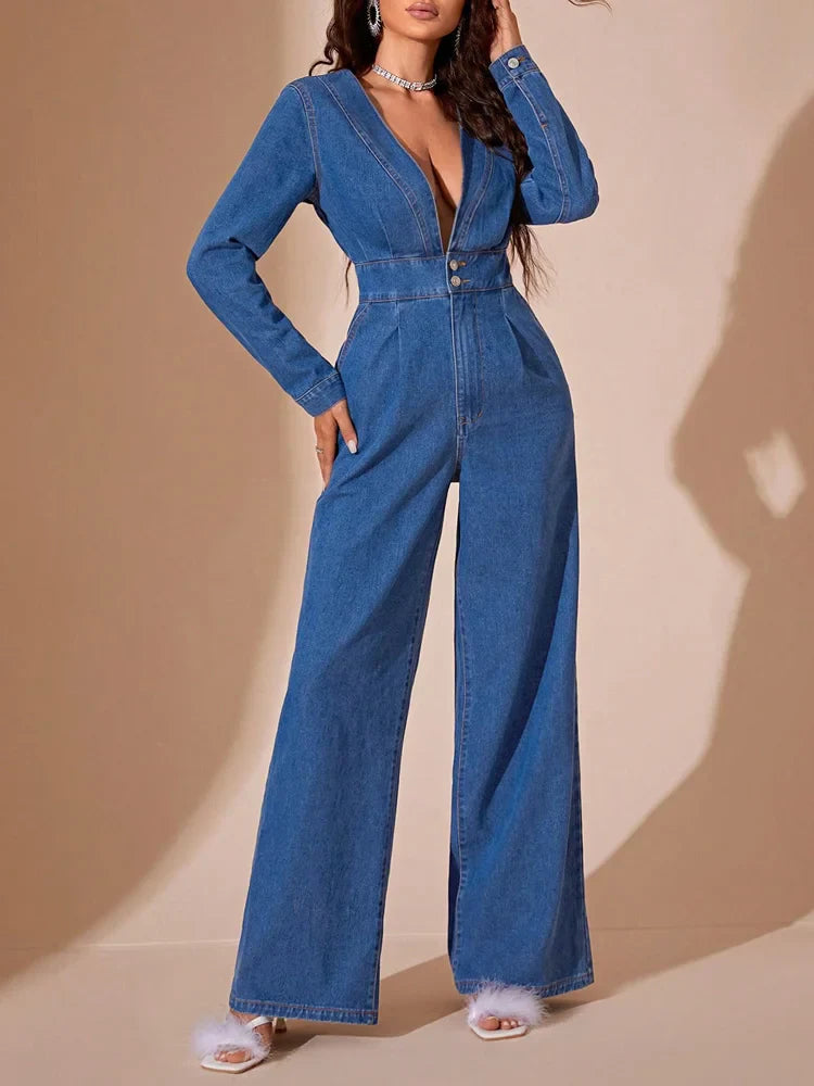 Dames Jumpsuit – Denim – Diepe V-Hals – Lange Mouwen – Wijde Pijpen – Getailleerd Model