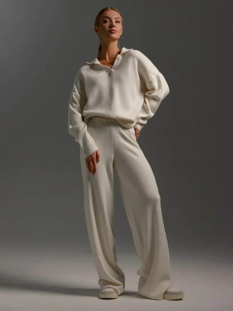 Dames Gebreid 2-delig Set - Polo Nek Sweater en Wijde Broek voor Winter