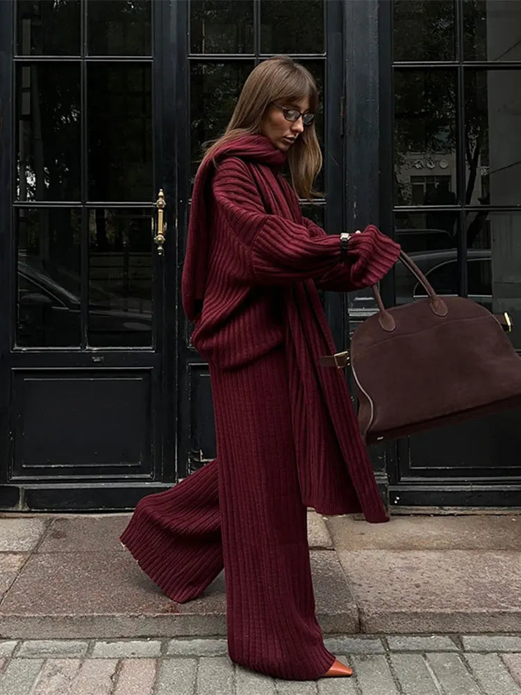 Elegante Wijnrode Dames Set - Gebreide Trui en Wijde Broek