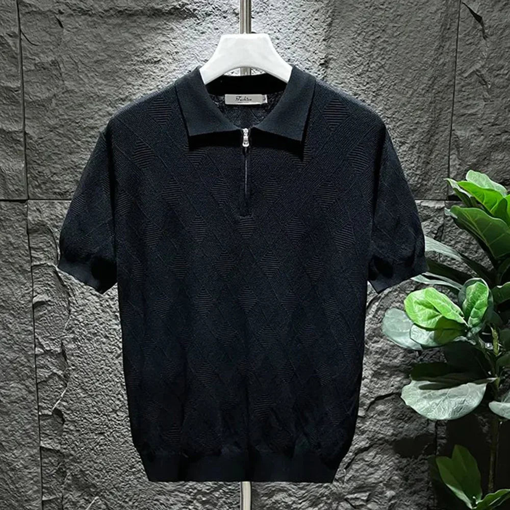 Men's Polo Shirt - Knitted Cotton - Short Sleeve - Zipper Closure - Casual Slim Fit