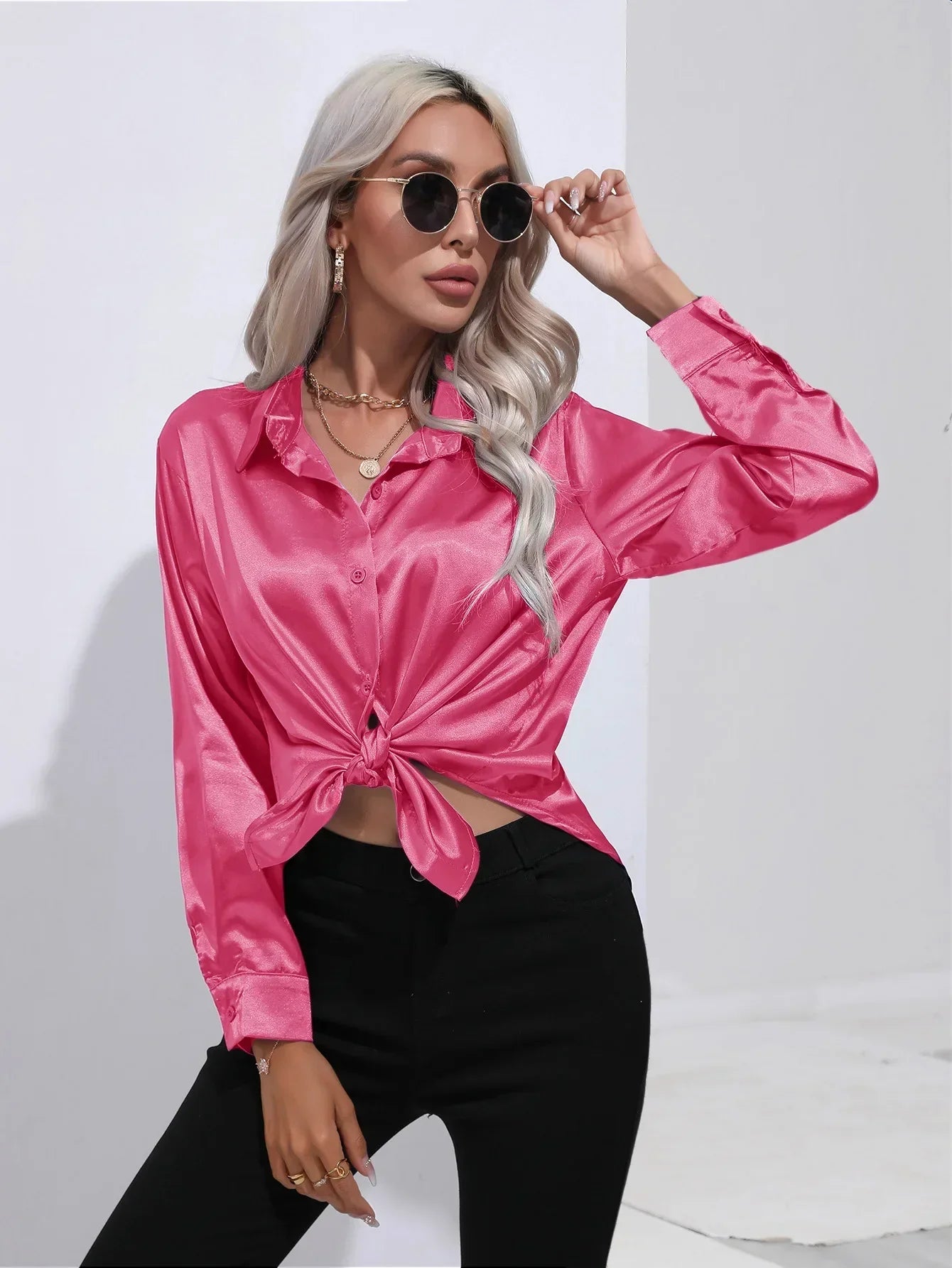 Dames Blouse - Satijn - Relaxte Pasvorm - Lange Mouwen - Klassieke Knoopsluiting