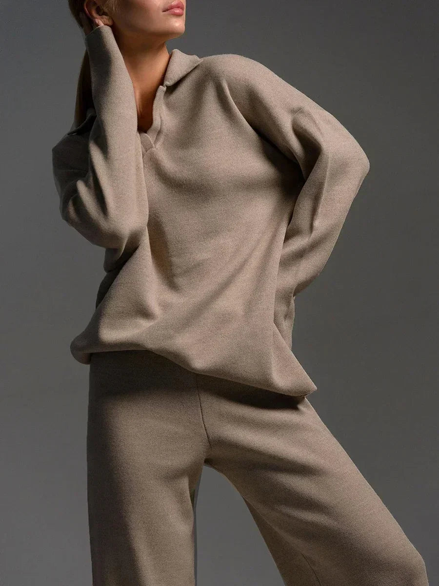 Dames Gebreid 2-delig Set - Polo Nek Sweater en Wijde Broek voor Winter