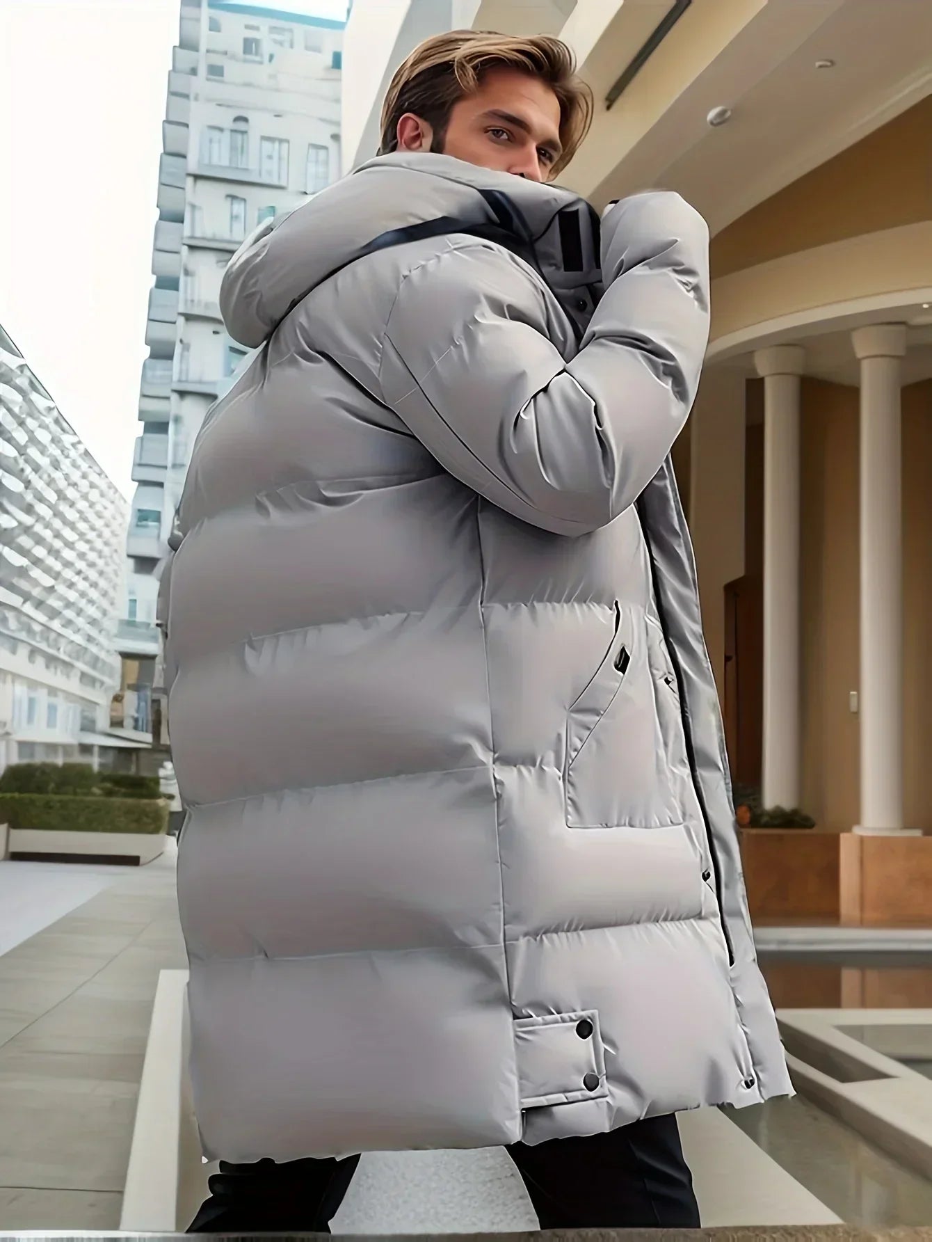 Heren Gewatteerde Jas – Waterafstotend – Verstelbare Capuchon – Lange Lengte – Casual Warmte