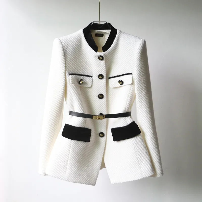 Ladies Coat – Wool – Tailored Model – Buttons – Belt – Hip Length