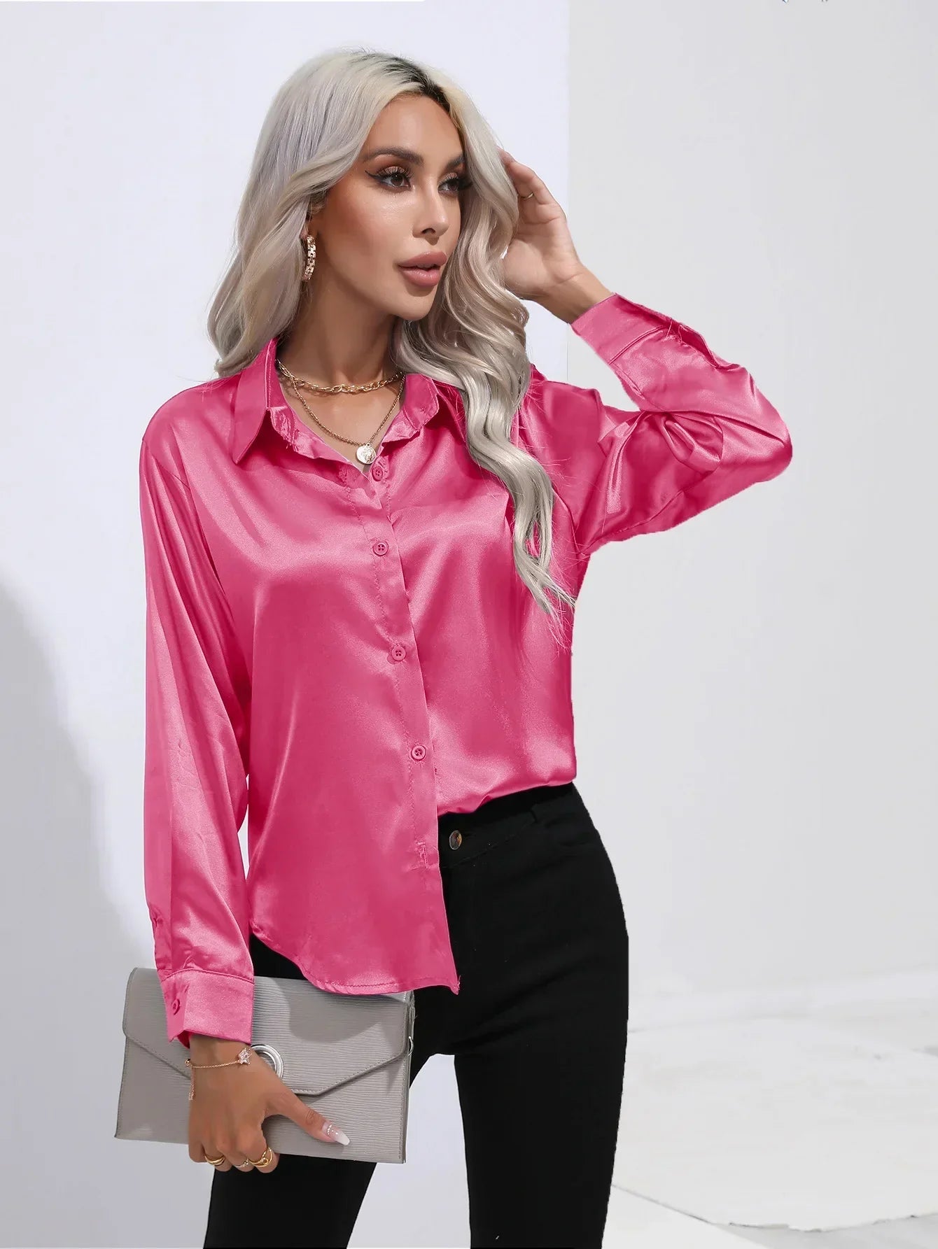 Dames Blouse - Satijn - Relaxte Pasvorm - Lange Mouwen - Klassieke Knoopsluiting