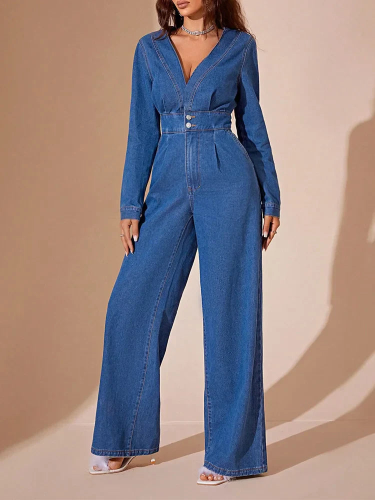 Dames Jumpsuit – Denim – Diepe V-Hals – Lange Mouwen – Wijde Pijpen – Getailleerd Model