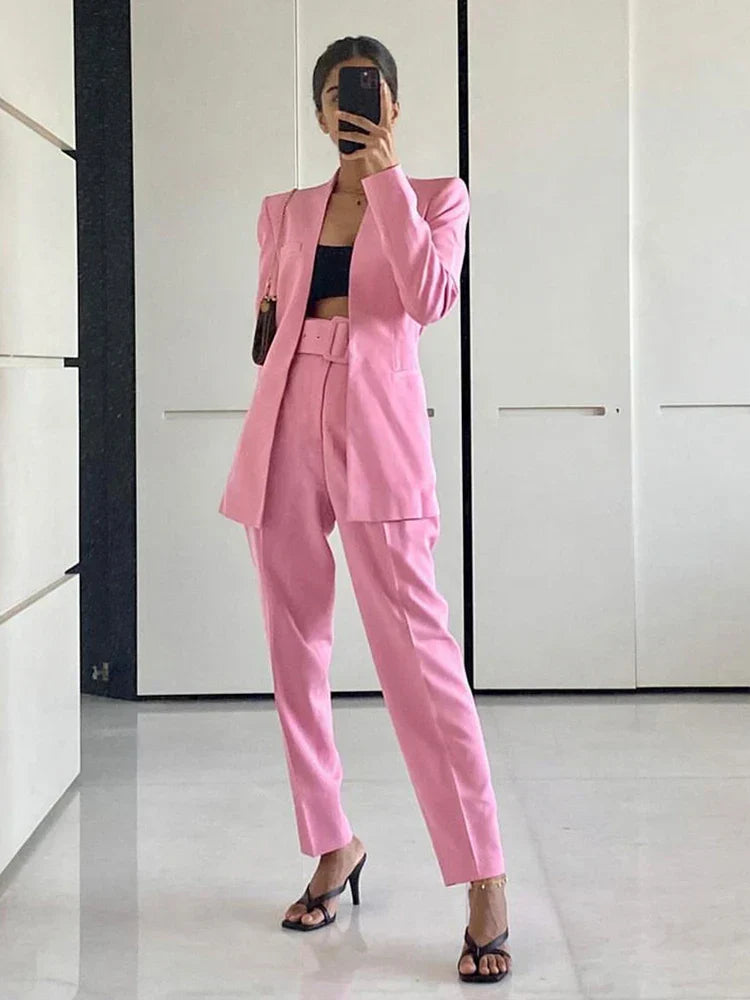 Dames Pakset – Getailleerde Blazer met Enkelvoudige Sluiting – Hoge Taille Pantalon