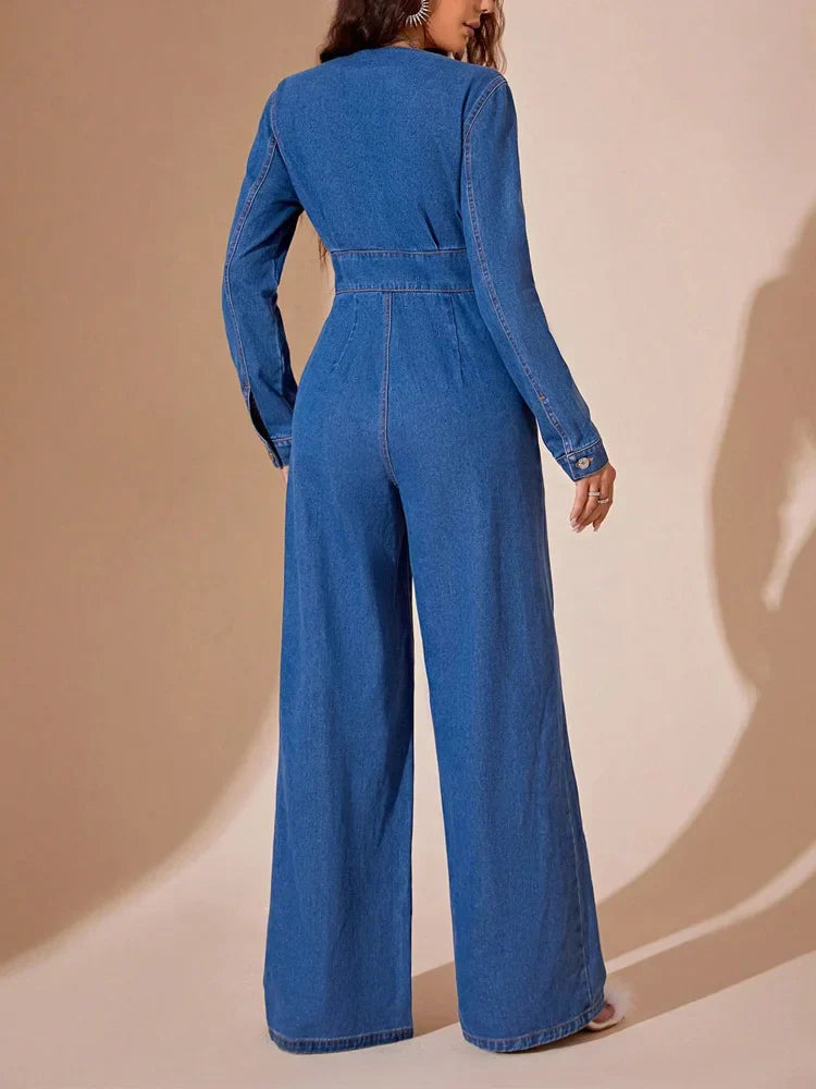 Dames Jumpsuit – Denim – Diepe V-Hals – Lange Mouwen – Wijde Pijpen – Getailleerd Model