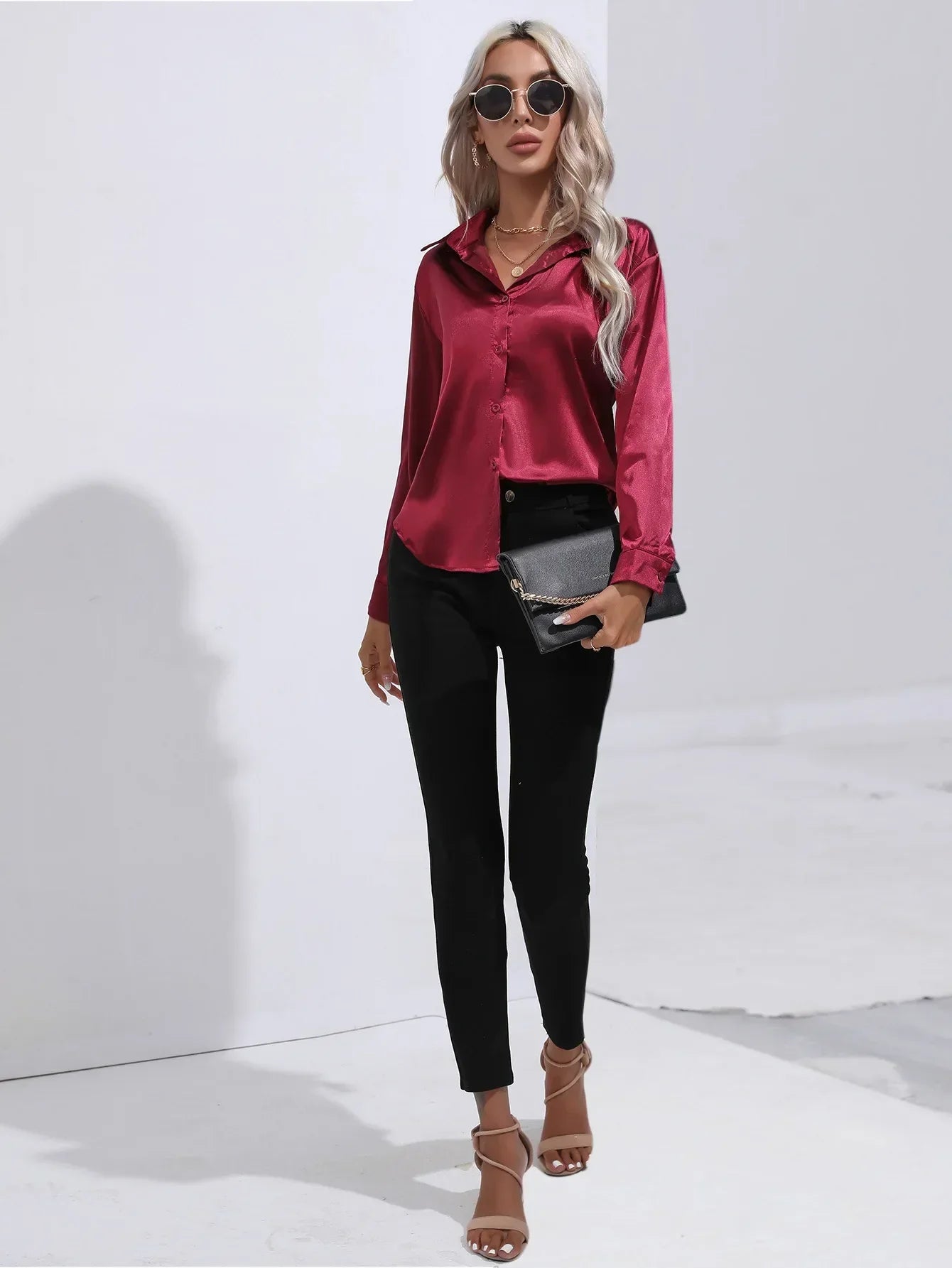 Dames Blouse - Satijn - Relaxte Pasvorm - Lange Mouwen - Klassieke Knoopsluiting