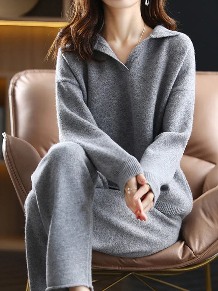 Dames Loungewear Set – Gebreide Trui met Kraag – Relaxed Fit – Elastische Broek