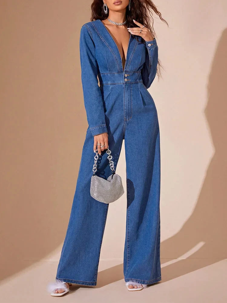 Dames Jumpsuit – Denim – Diepe V-Hals – Lange Mouwen – Wijde Pijpen – Getailleerd Model