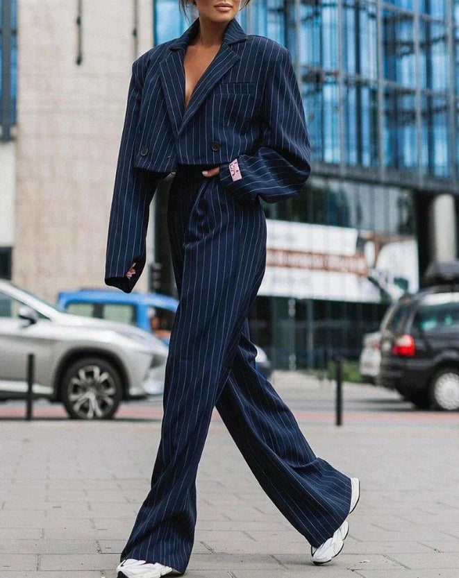 Dames Pak - Cropped Blazer met Revers - Dubbele Rijsluiting - Wijde Hoge Taille Broek