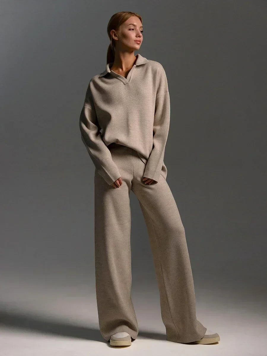 Dames Gebreid 2-delig Set - Polo Nek Sweater en Wijde Broek voor Winter